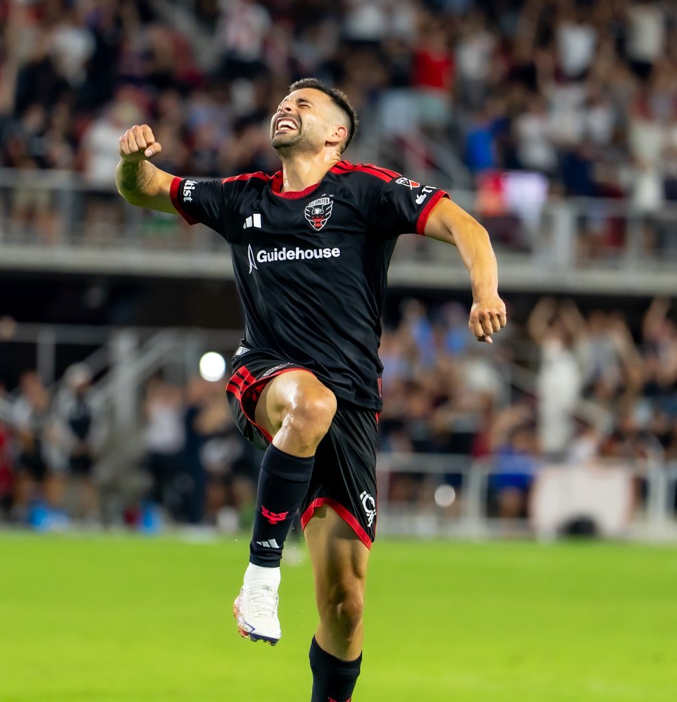 Tai Baribo celebrating DC United's goal against Nashville SC in the second half of play to tie the game