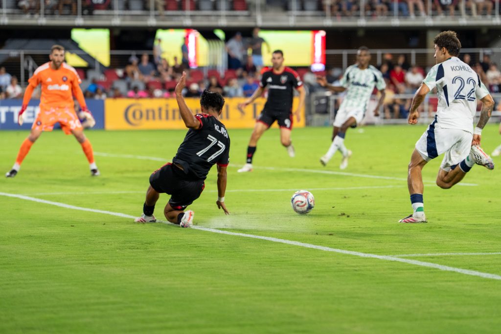 DC United player makes a cross into the box