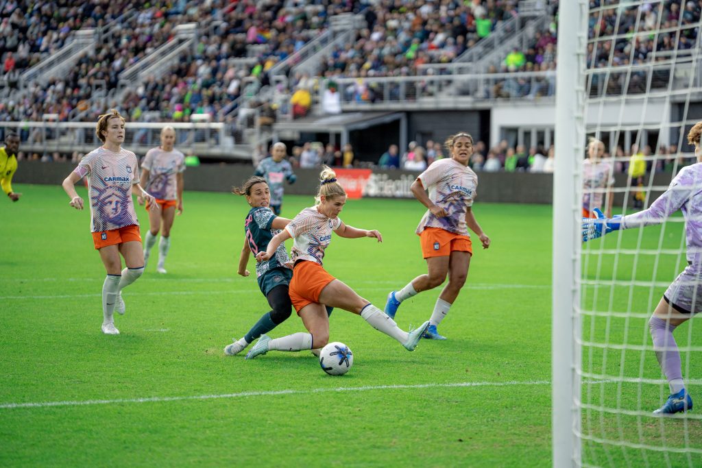 Spirit’s Di Guglielmo with a one touch finish for the game winner